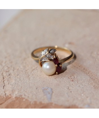 Bague feuillages perle et rubis de pas cher