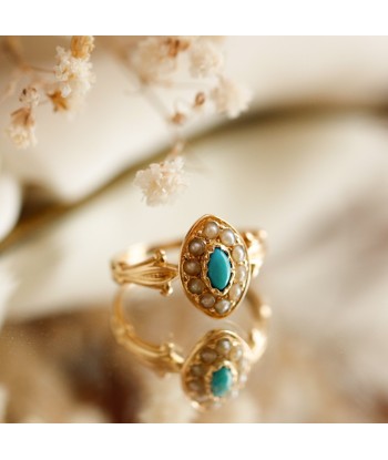 Bague navette turquoise et demie perles Livraison rapide