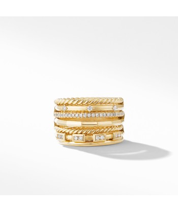 David Yurman Stax Cable and Pave Diamond Ring in 18K Yellow Gold, 12MM brillant des détails fins