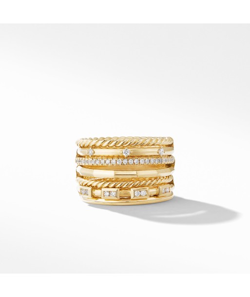 David Yurman Stax Cable and Pave Diamond Ring in 18K Yellow Gold, 12MM brillant des détails fins