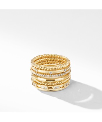 David Yurman Stax Cable and Pave Diamond Ring in 18K Yellow Gold, 12MM brillant des détails fins