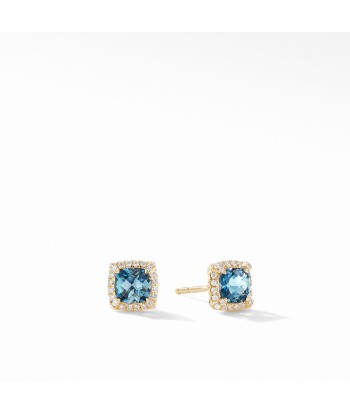 David Yurman Chatelaine Pave Bezel Stud Earrings 18k Gold London Blue Topaz Amélioration de cerveau avec