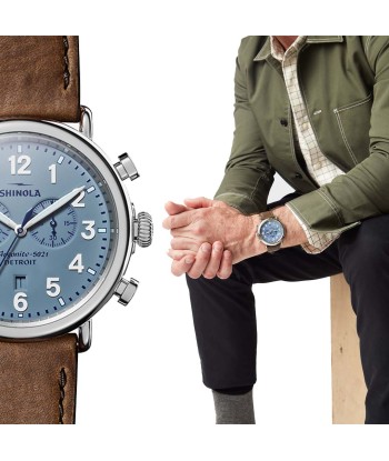 Shinola 47MM Runwell Slate Blue Dial 2-Eye Chronograph British Tan Leather Watch S0120223879 acheter en ligne