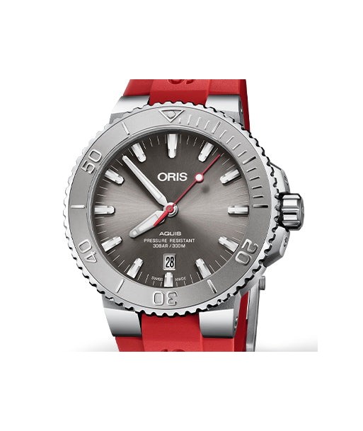 Oris 43.5MM Aquis Date Relief Grey Dial Red Rubber Watch Vous souhaitez 