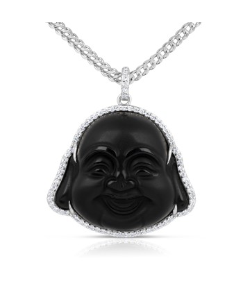 Custom Made 14k White Gold Black Jade Happy Buddha Head Diamond Pendant prix