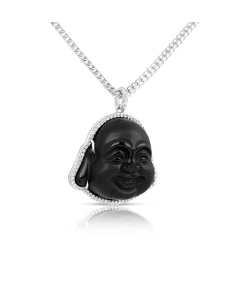 Custom Made 14k White Gold Black Jade Happy Buddha Head Diamond Pendant prix