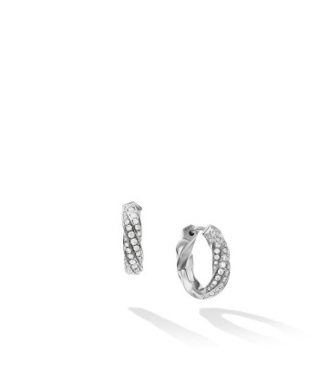 David Yurman Cable Edge Huggie Hoop Earrings in Recycled Sterling Silver with Pave Diamonds en stock