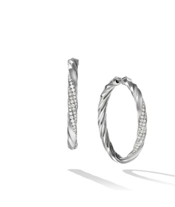 David Yurman Cable Edge Hoop Earrings in Recycled Sterling Silver with Pave Diamonds pas chere