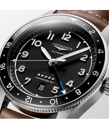 Longines Spirit 42MM Zulu Time GMT Black Leather Steel Watch L38124532 pas chere