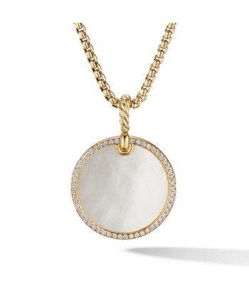 DY Elements Disc Pendant in 18K Yellow Gold with Mother of Pearl and Pave Diamond Rim français