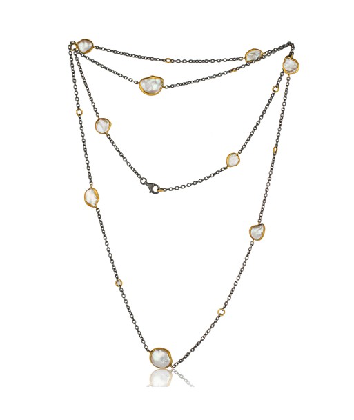 Lika Behar "Katya" Keshi Pearl Necklace in Sterling Silver & 24K Gold 38" Adjustable KAT-N-113-GXPE-95 français