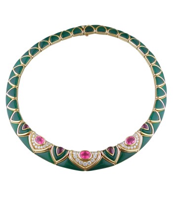 Vintage Van Cleef & Arpels Green Chrysoprase & Pink Tourmaline Diamond Necklace 18K Yellow Faites des économies