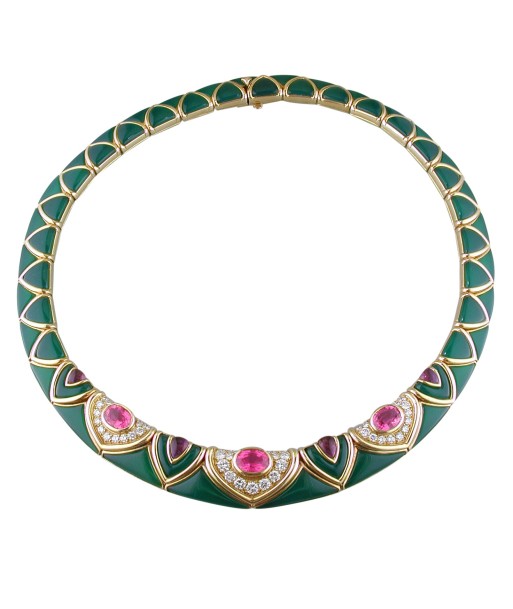 Vintage Van Cleef & Arpels Green Chrysoprase & Pink Tourmaline Diamond Necklace 18K Yellow Faites des économies