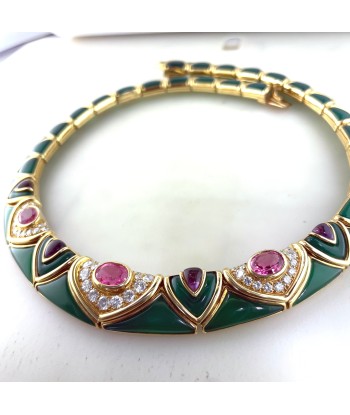 Vintage Van Cleef & Arpels Green Chrysoprase & Pink Tourmaline Diamond Necklace 18K Yellow Faites des économies