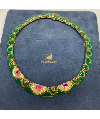 Vintage Van Cleef & Arpels Green Chrysoprase & Pink Tourmaline Diamond Necklace 18K Yellow Faites des économies