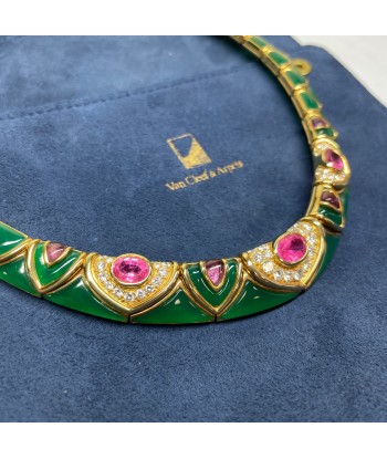 Vintage Van Cleef & Arpels Green Chrysoprase & Pink Tourmaline Diamond Necklace 18K Yellow Faites des économies