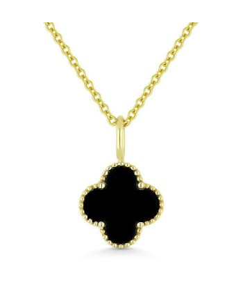 14K Yellow Gold 4-Leaf Clover Black Onyx Necklace Faites des économies