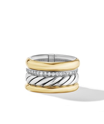 DY Mercer Multi Row Ring in Sterling Silver with 18K Yellow Gold and Pave Diamonds solde