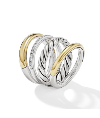 DY Mercer Multi Row Ring in Sterling Silver with 18K Yellow Gold and Pave Diamonds solde