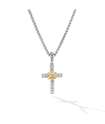 David Yurman Petite Cross Necklace in Sterling Silver with 18K Yellow Gold with Diamonds, 20.8mm pas cher chine