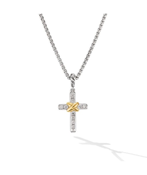 David Yurman Petite Cross Necklace in Sterling Silver with 18K Yellow Gold with Diamonds, 20.8mm pas cher chine