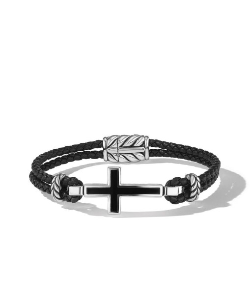 DY Gents Exotic Stone Cross Bracelet in Black Leather with Sterling Silver and Black Onyx, 3mm pas cher 