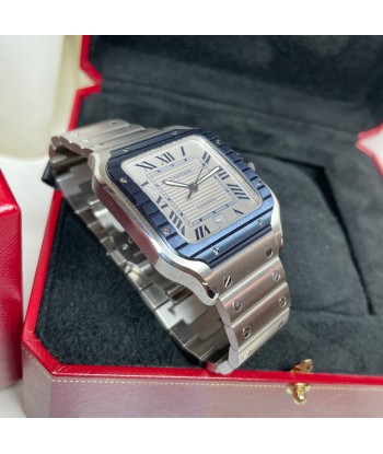 Pre-Owned Cartier Santos Large Grey Dial Blue Bezel Watch WSSA0047 39.8mm Fin de série