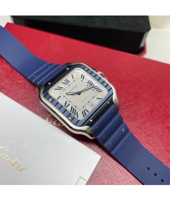 Pre-Owned Cartier Santos Large Grey Dial Blue Bezel Watch WSSA0047 39.8mm Fin de série