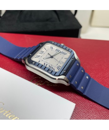 Pre-Owned Cartier Santos Large Grey Dial Blue Bezel Watch WSSA0047 39.8mm Fin de série