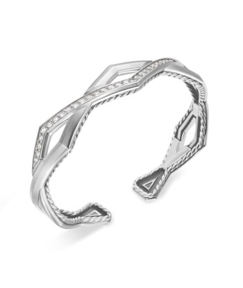 David Yurman Zig Zag Stax Two Row Cuff Bracelet in Sterling Silver with Diamonds, 13mm Véritable concentré