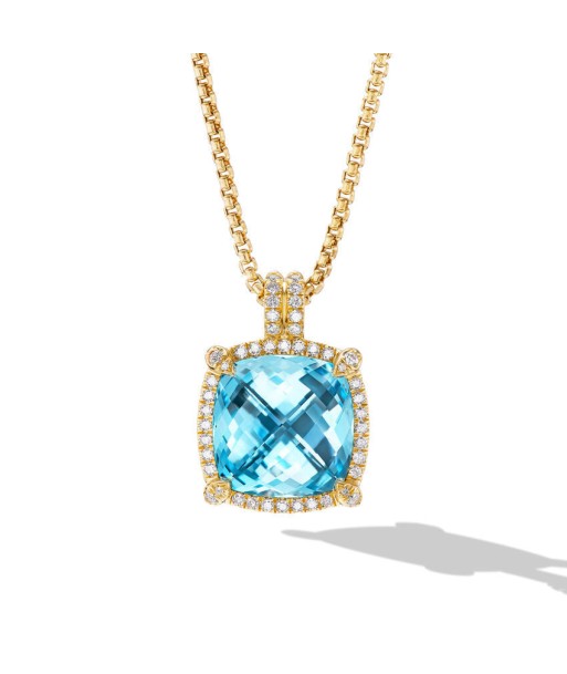 David Yurman Chatelaine Pave Bezel Pendant Necklace in 18K Yellow Gold with Blue Topaz and Diamonds, 14mm le des métaux précieux