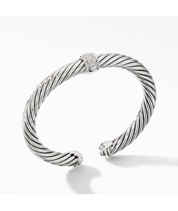 David Yurman 7MM Cable Cuff Classic Center Station Bracelet with Pave Diamonds paiement sécurisé