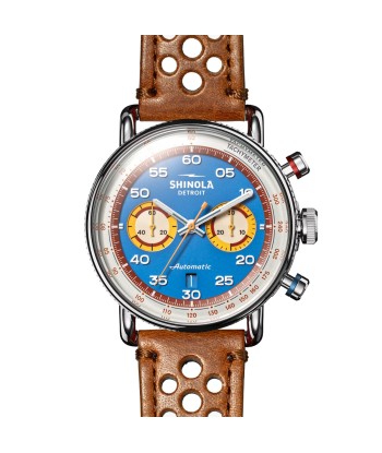 Shinola 44MM Limited Edition Canfield Speedway Horizon Blue Brown Leather Watch S0120291079 Lap 07 commande en ligne